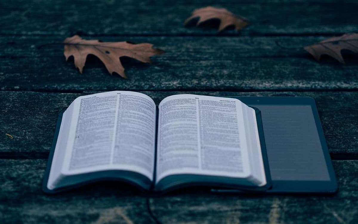 An open book next to an e-reader on a dark wooden table scattered with autumn leaves.